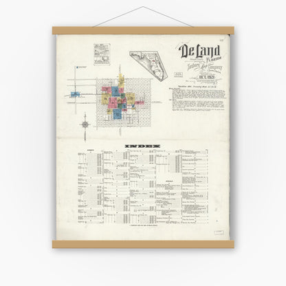 Old map wall art mockup — magnetic wood frame on white wall — Sanborn Fire Insurance Map from De Land, Volusia County, Florida (1921) - Complete Map Set