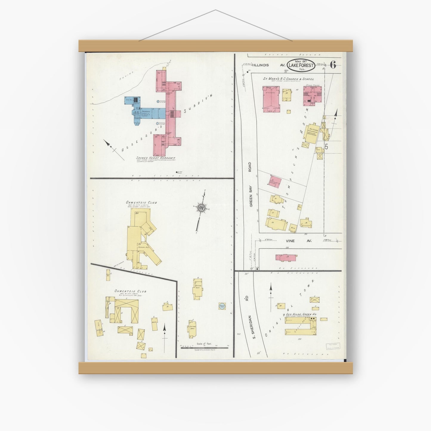 Old map wall art mockup — magnetic wood frame on white wall — Sanborn Fire Insurance Map from Lake Forest, Lake County, Illinois (1917), Sheet #0006