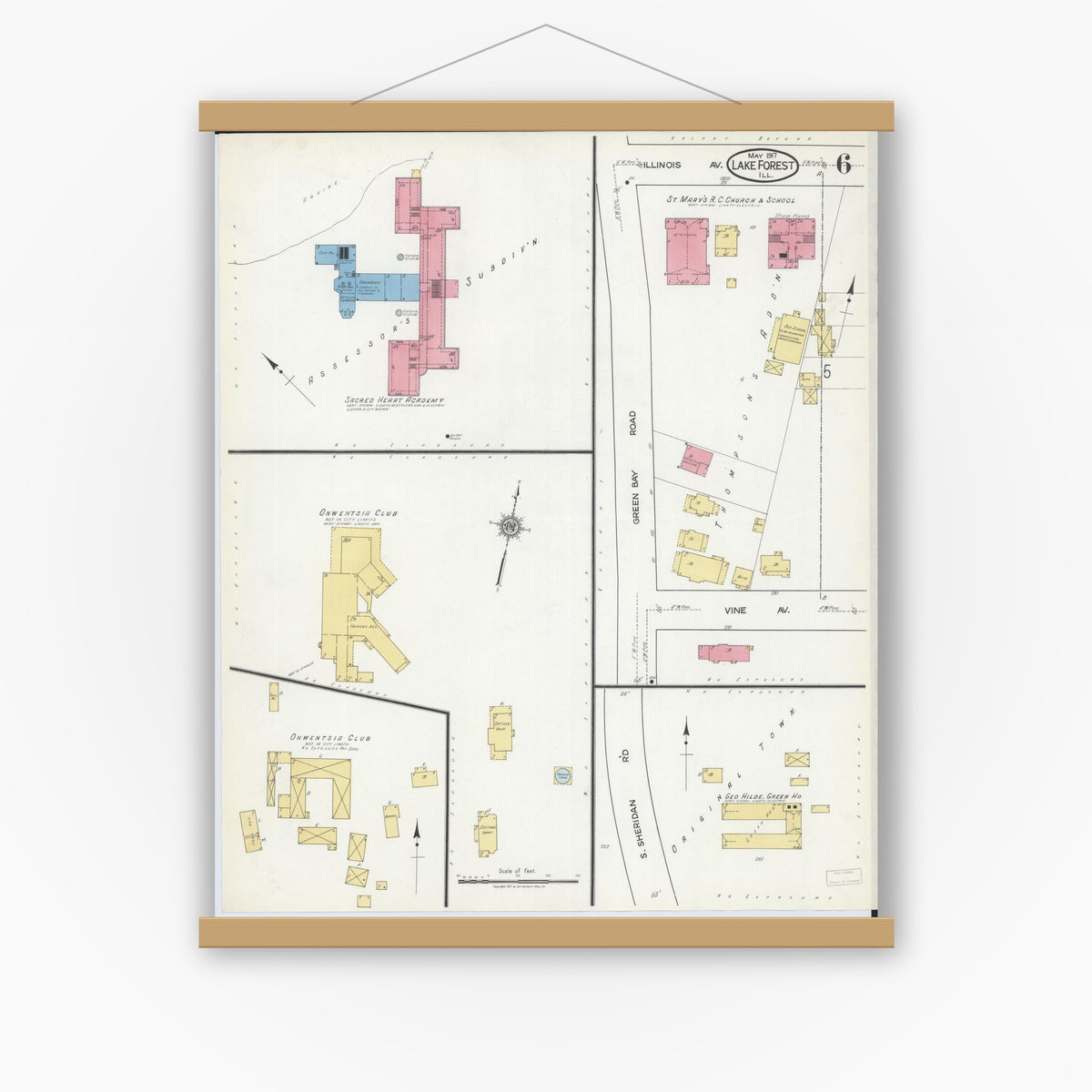 Old map wall art mockup — magnetic wood frame on white wall — Sanborn Fire Insurance Map from Lake Forest, Lake County, Illinois (1917), Sheet #0006