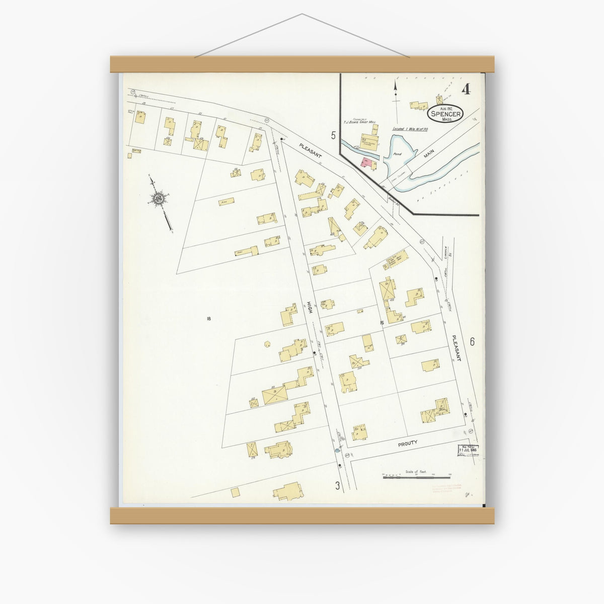 Old map wall art mockup — magnetic wood frame on white wall — Sanborn Fire Insurance Map from Spencer, Worcester County, Massachusetts (1912), Sheet #0004