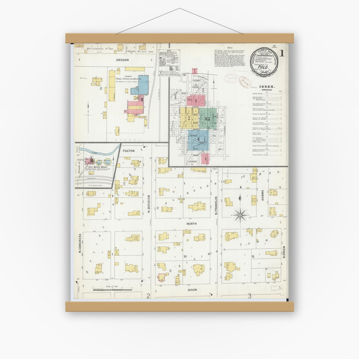 Old map wall art mockup — magnetic wood frame on white wall — Sanborn Fire Insurance Map from Polo, Ogle County, Illinois (1899), Sheet #0001
