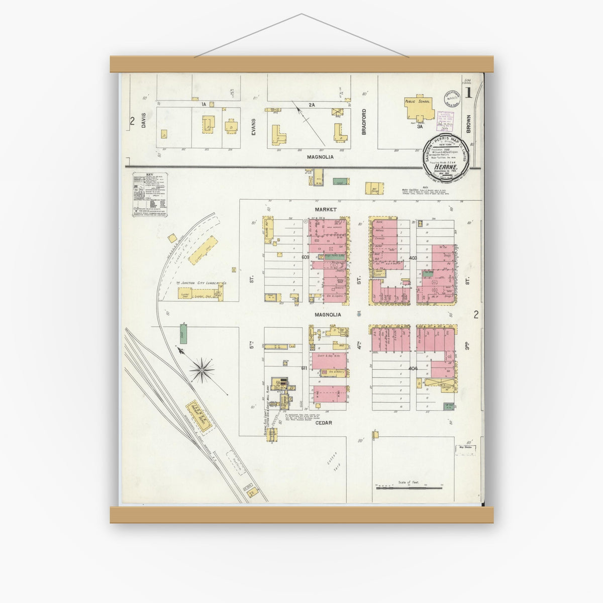 Old map wall art mockup — magnetic wood frame on white wall — Sanborn Fire Insurance Map from Hearne, Robertson County, Texas (1901) - Complete Map Set