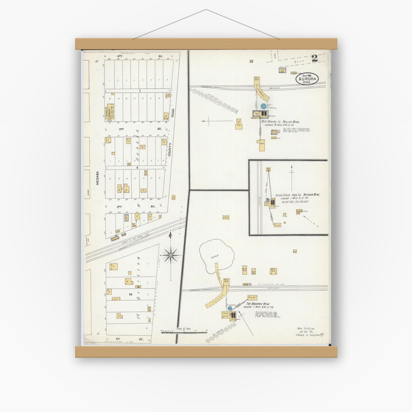 Old map wall art mockup — magnetic wood frame on white wall — Sanborn Fire Insurance Map from Aurora, Saint Louis County, Minnesota (1906), Sheet #0002