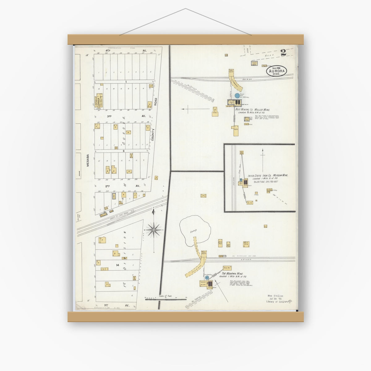 Old map wall art mockup — magnetic wood frame on white wall — Sanborn Fire Insurance Map from Aurora, Saint Louis County, Minnesota (1906), Sheet #0002