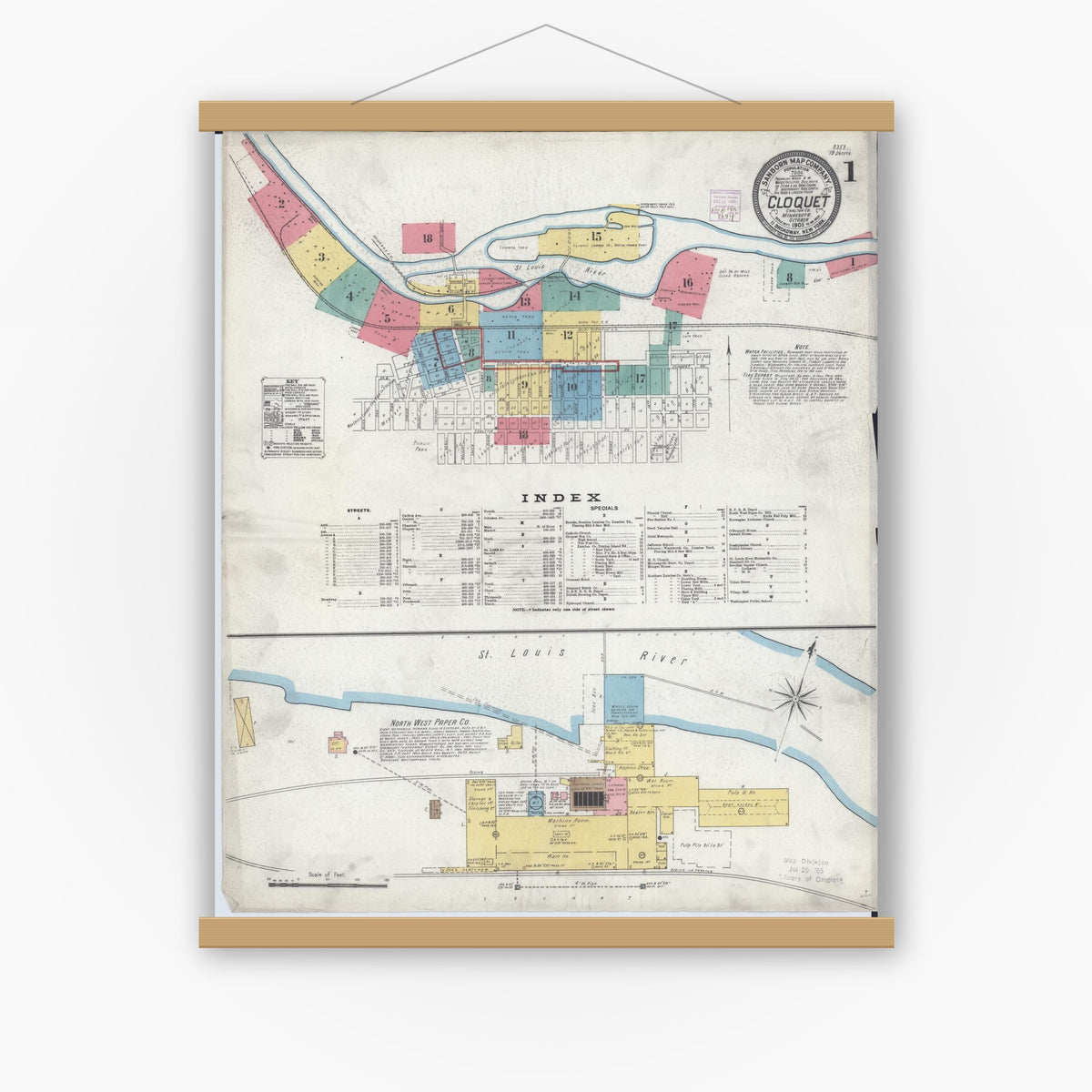Old map wall art mockup — magnetic wood frame on white wall — Sanborn Fire Insurance Map from Cloquet, Carlton County, Minnesota (1905), Sheet #0001