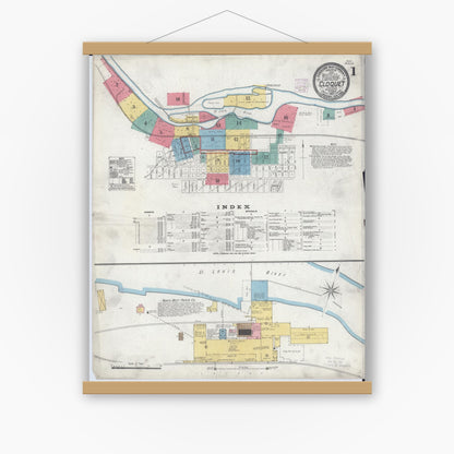 Old map wall art mockup — magnetic wood frame on white wall — Sanborn Fire Insurance Map from Cloquet, Carlton County, Minnesota (1905), Sheet #0001