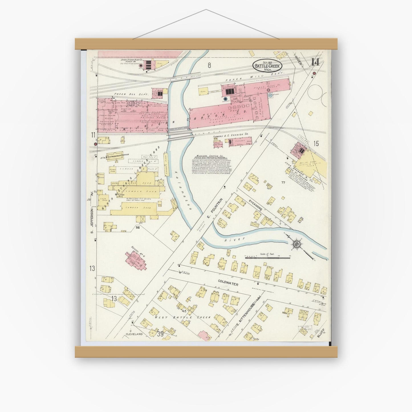 Old map wall art mockup — magnetic wood frame on white wall — Sanborn Fire Insurance Map from Battle Creek, Calhoun County, Michigan (1913), Sheet #0014