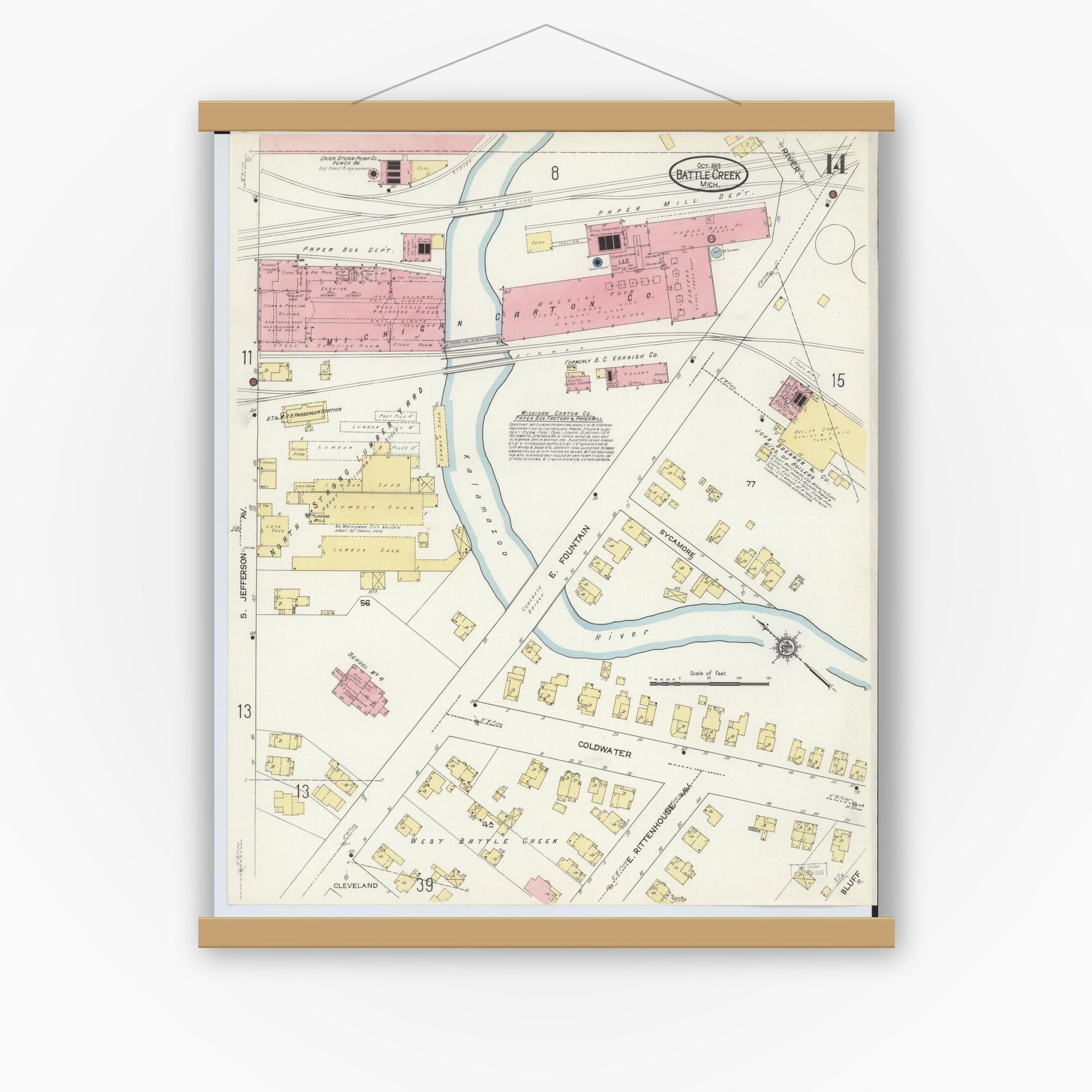 Old map wall art mockup — magnetic wood frame on white wall — Sanborn Fire Insurance Map from Battle Creek, Calhoun County, Michigan (1913), Sheet #0014
