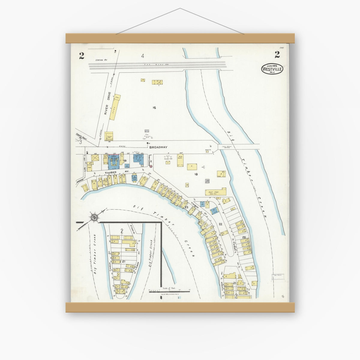 Old map wall art mockup — magnetic wood frame on white wall — Sanborn Fire Insurance Map from Westville, Gloucester County, New Jersey (1926) - Complete Map Set