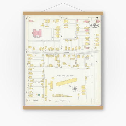 Old map wall art mockup — magnetic wood frame on white wall — Sanborn Fire Insurance Map from Bloomsburg, Columbia County, Pennsylvania (1907), Sheet #0007