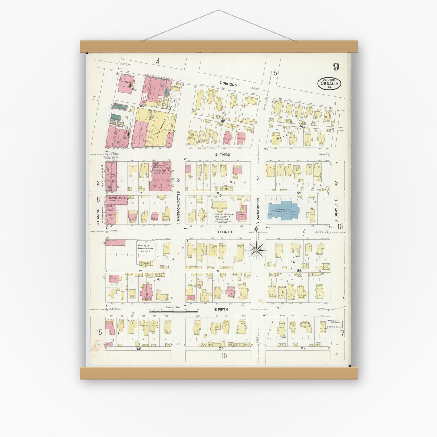 Old map wall art mockup — magnetic wood frame on white wall — Sanborn Fire Insurance Map from Sedalia, Pettis County, Missouri (1908), Sheet #0009