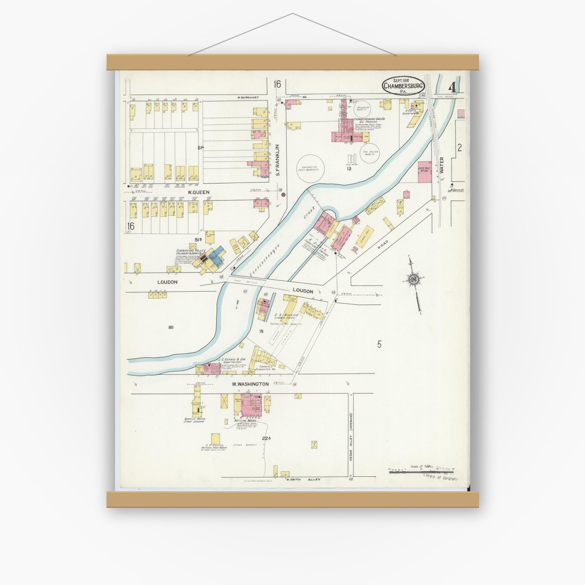 Old map wall art mockup — magnetic wood frame on white wall — Sanborn Fire Insurance Map from Chambersburg, Franklin County, Pennsylvania (1916), Sheet #0004