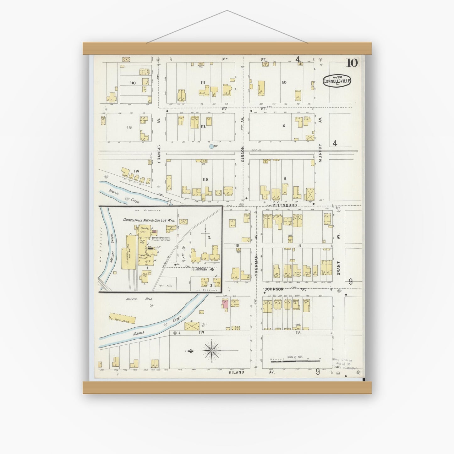 Old map wall art mockup — magnetic wood frame on white wall — Sanborn Fire Insurance Map from Connellsville, Fayette County, Pennsylvania (1896), Sheet #0010