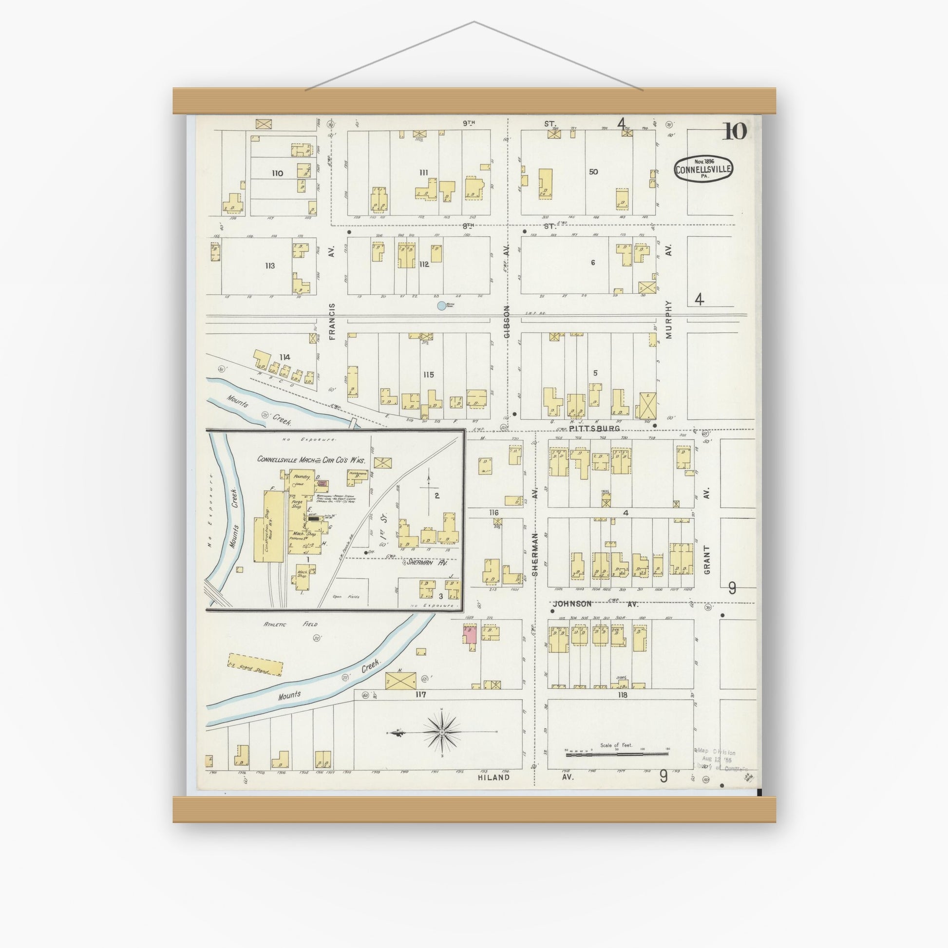 Old map wall art mockup — magnetic wood frame on white wall — Sanborn Fire Insurance Map from Connellsville, Fayette County, Pennsylvania (1896), Sheet #0010