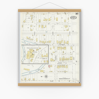 Old map wall art mockup — magnetic wood frame on white wall — Sanborn Fire Insurance Map from Connellsville, Fayette County, Pennsylvania (1896), Sheet #0010