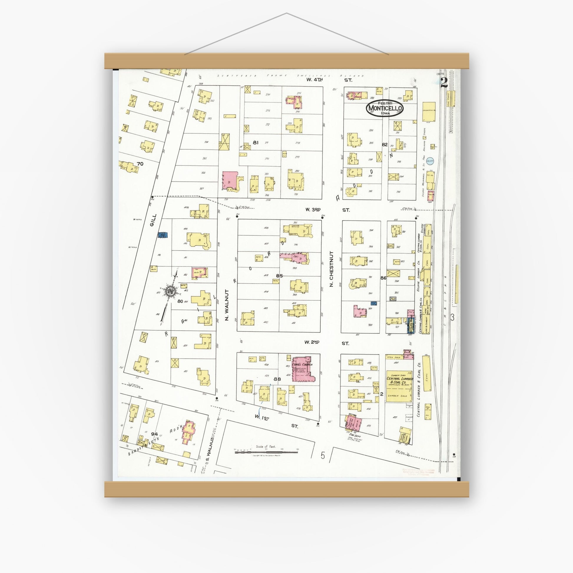 Old map wall art mockup — magnetic wood frame on white wall — Sanborn Fire Insurance Map from Monticello, Jones County, Iowa (1921), Sheet #0002