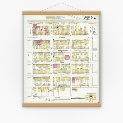Old map wall art mockup — magnetic wood frame on white wall — Sanborn Fire Insurance Map from Mahanoy City, Schuylkill County, Pennsylvania (1920), Sheet #0005