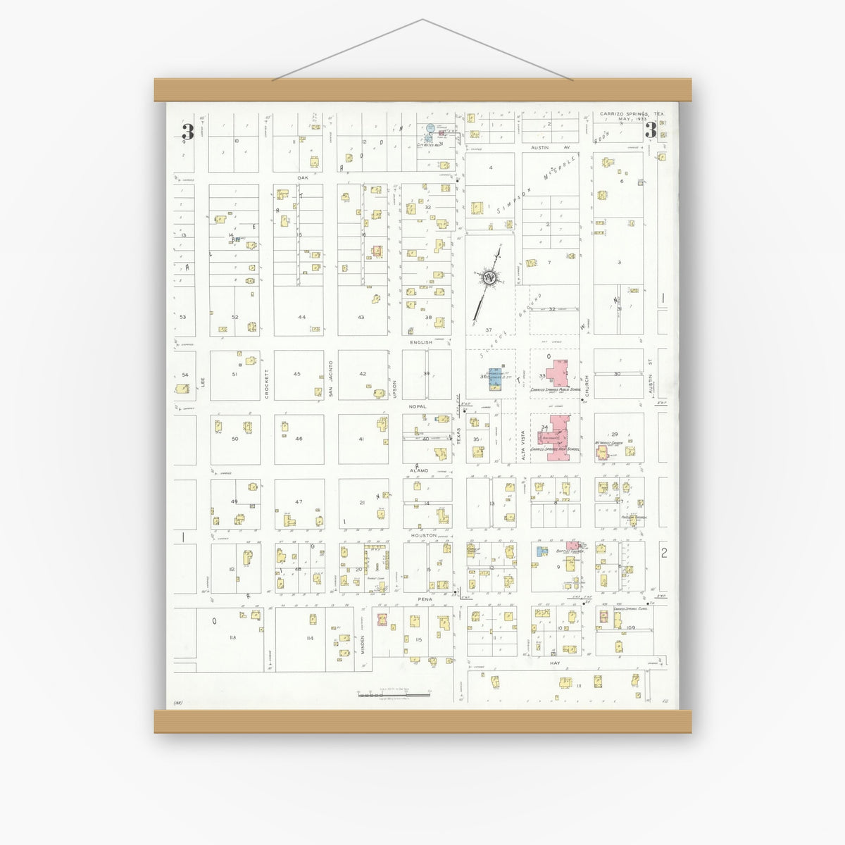 Old map wall art mockup — magnetic wood frame on white wall — Sanborn Fire Insurance Map from Carrizo Springs, Dimmit County, Texas (1933), Sheet #0003
