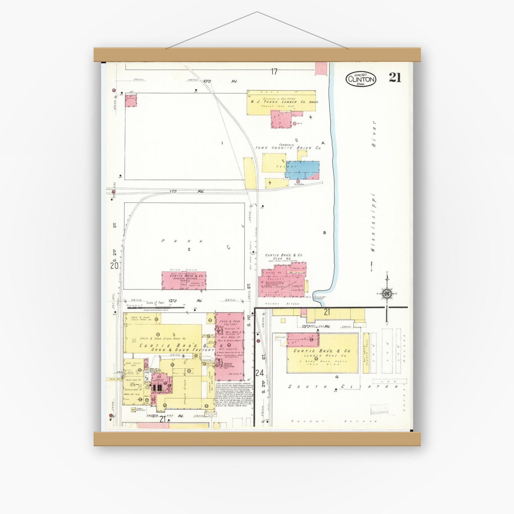 Old map wall art mockup — magnetic wood frame on white wall — Sanborn Fire Insurance Map from Clinton, Clinton County, Iowa (1917), Sheet #0021