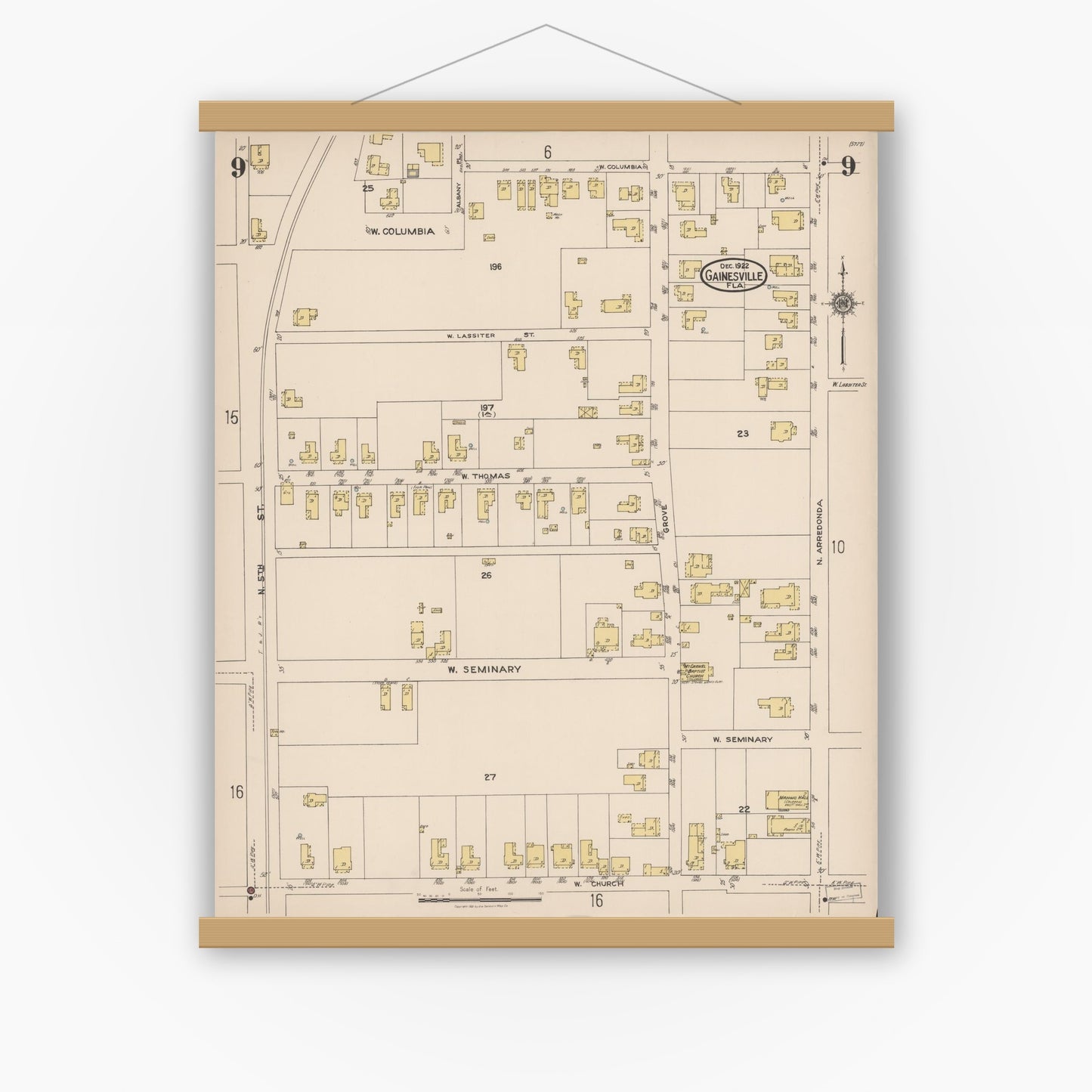 Old map wall art mockup — magnetic wood frame on white wall — Sanborn Fire Insurance Map from Gainesville, Alachua County, Florida (1922), Sheet #0009