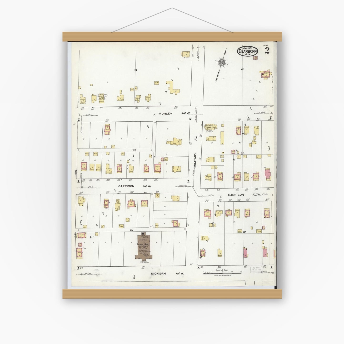 Old map wall art mockup — magnetic wood frame on white wall — Sanborn Fire Insurance Map from Dearborn, Wayne County, Michigan (1921), Sheet #0002