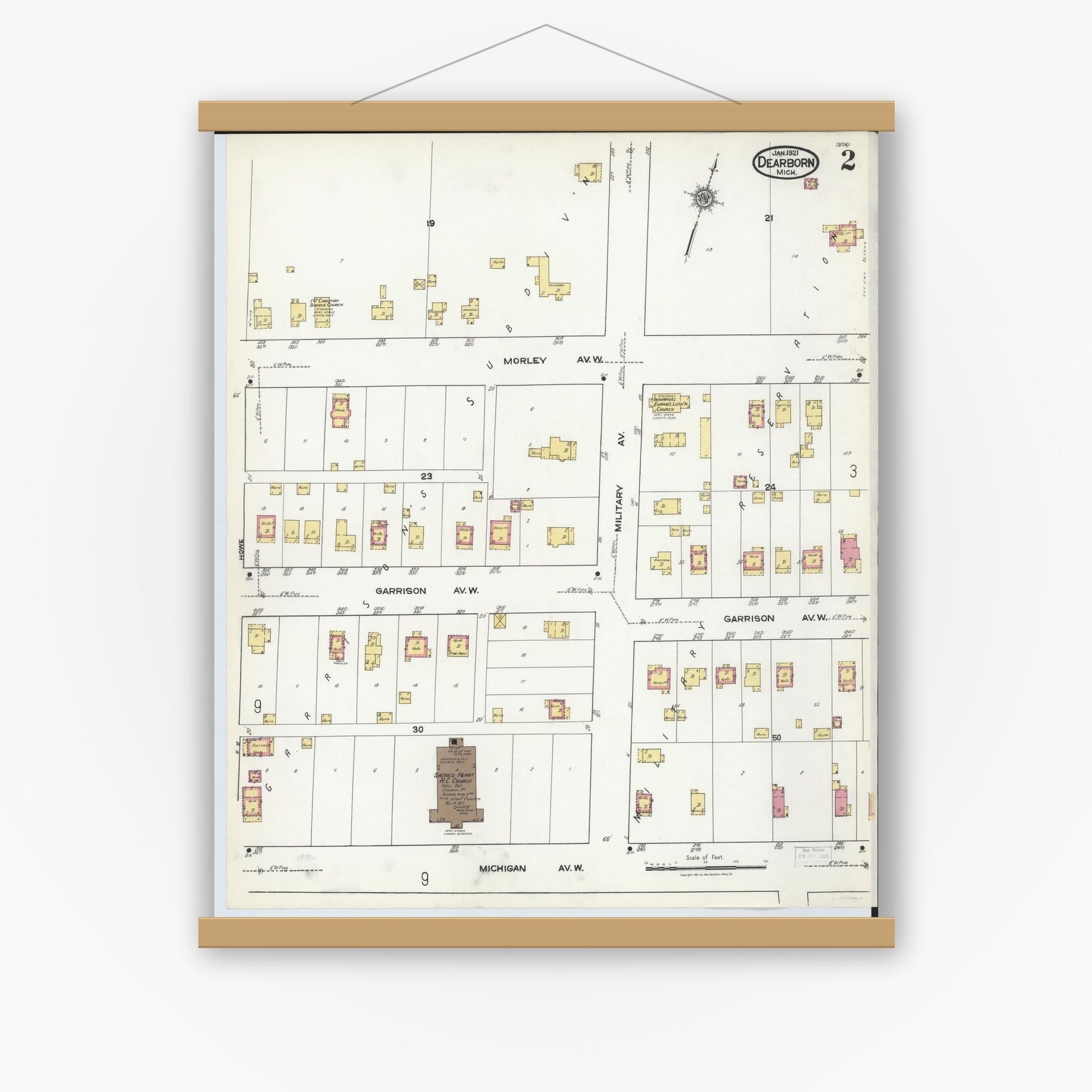 Old map wall art mockup — magnetic wood frame on white wall — Sanborn Fire Insurance Map from Dearborn, Wayne County, Michigan (1921), Sheet #0002
