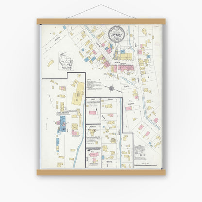 Old map wall art mockup — magnetic wood frame on white wall — Sanborn Fire Insurance Map from Potosi, Grant County, Wisconsin (1912), Sheet #0001