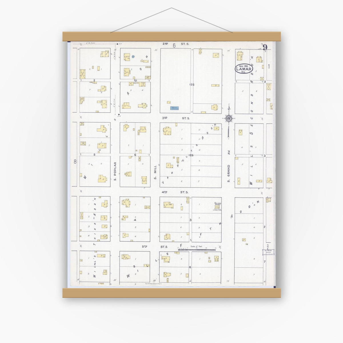 Old map wall art mockup — magnetic wood frame on white wall — Sanborn Fire Insurance Map from Lamar, Barton County, Missouri (1916), Sheet #0009