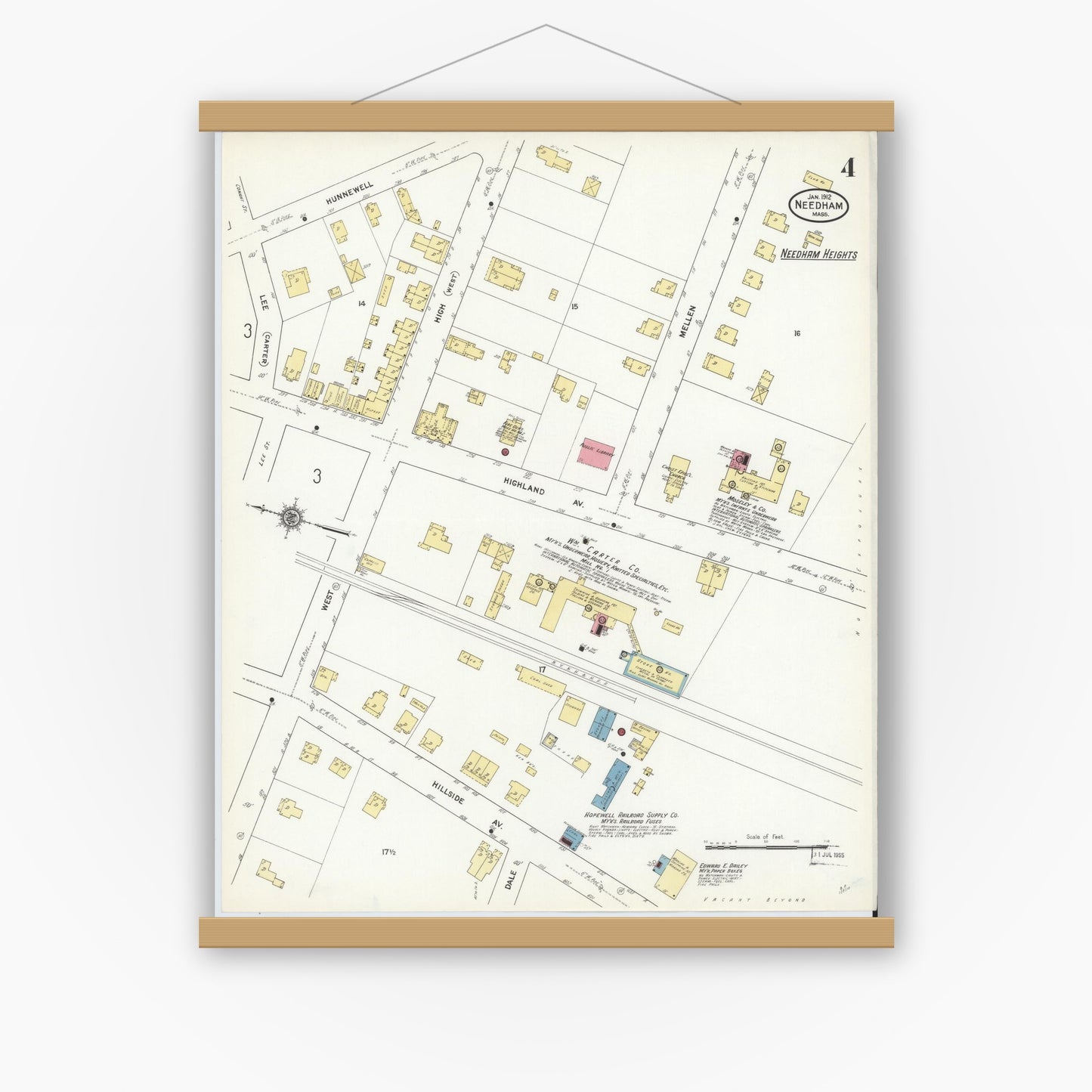Old map wall art mockup — magnetic wood frame on white wall — Sanborn Fire Insurance Map from Needham, Norfolk County, Massachusetts (1912), Sheet #0004