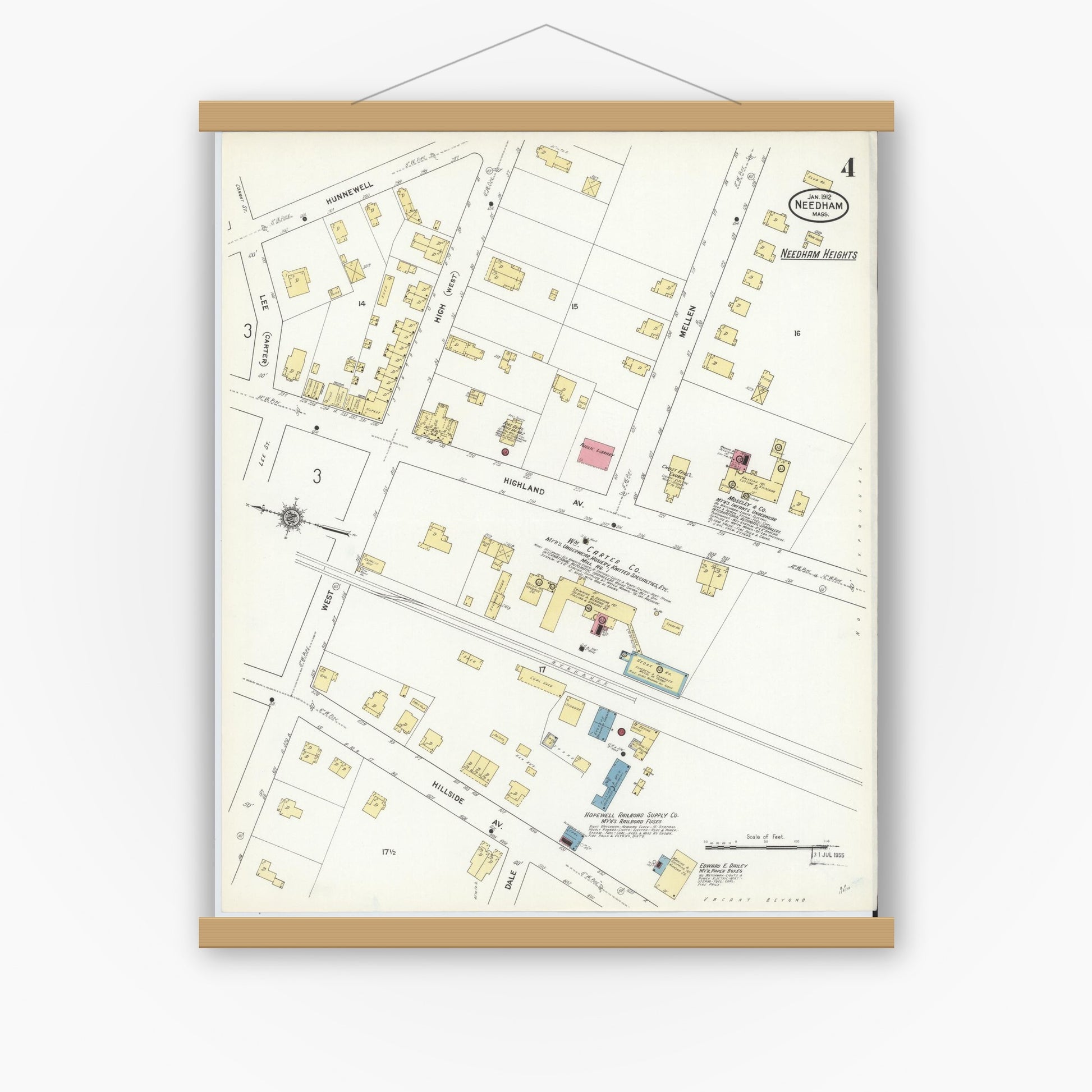 Old map wall art mockup — magnetic wood frame on white wall — Sanborn Fire Insurance Map from Needham, Norfolk County, Massachusetts (1912), Sheet #0004