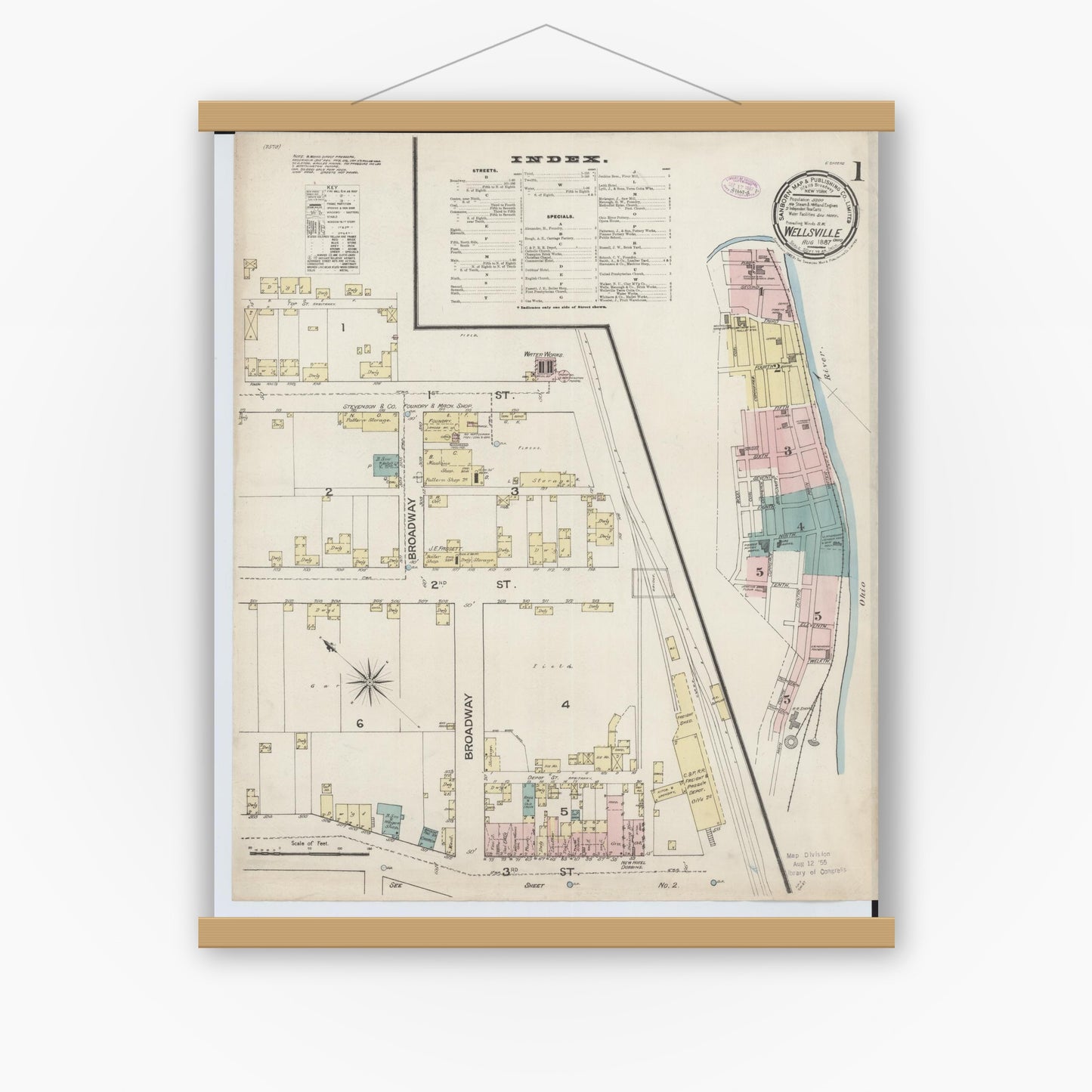Old map wall art mockup — magnetic wood frame on white wall — Sanborn Fire Insurance Map from Wellsville, Columbiana County, Ohio (1887) - Complete Map Set