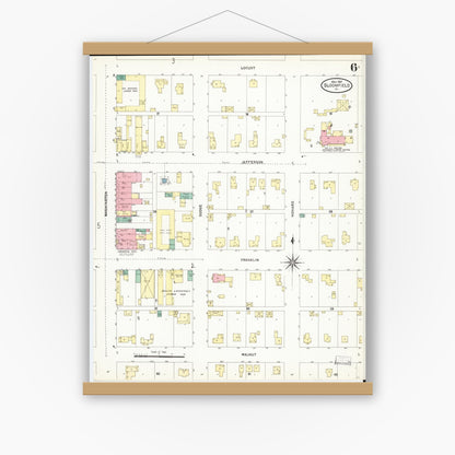 Old map wall art mockup — magnetic wood frame on white wall — Sanborn Fire Insurance Map from Bloomfield, Davis County, Iowa (1907), Sheet #0006