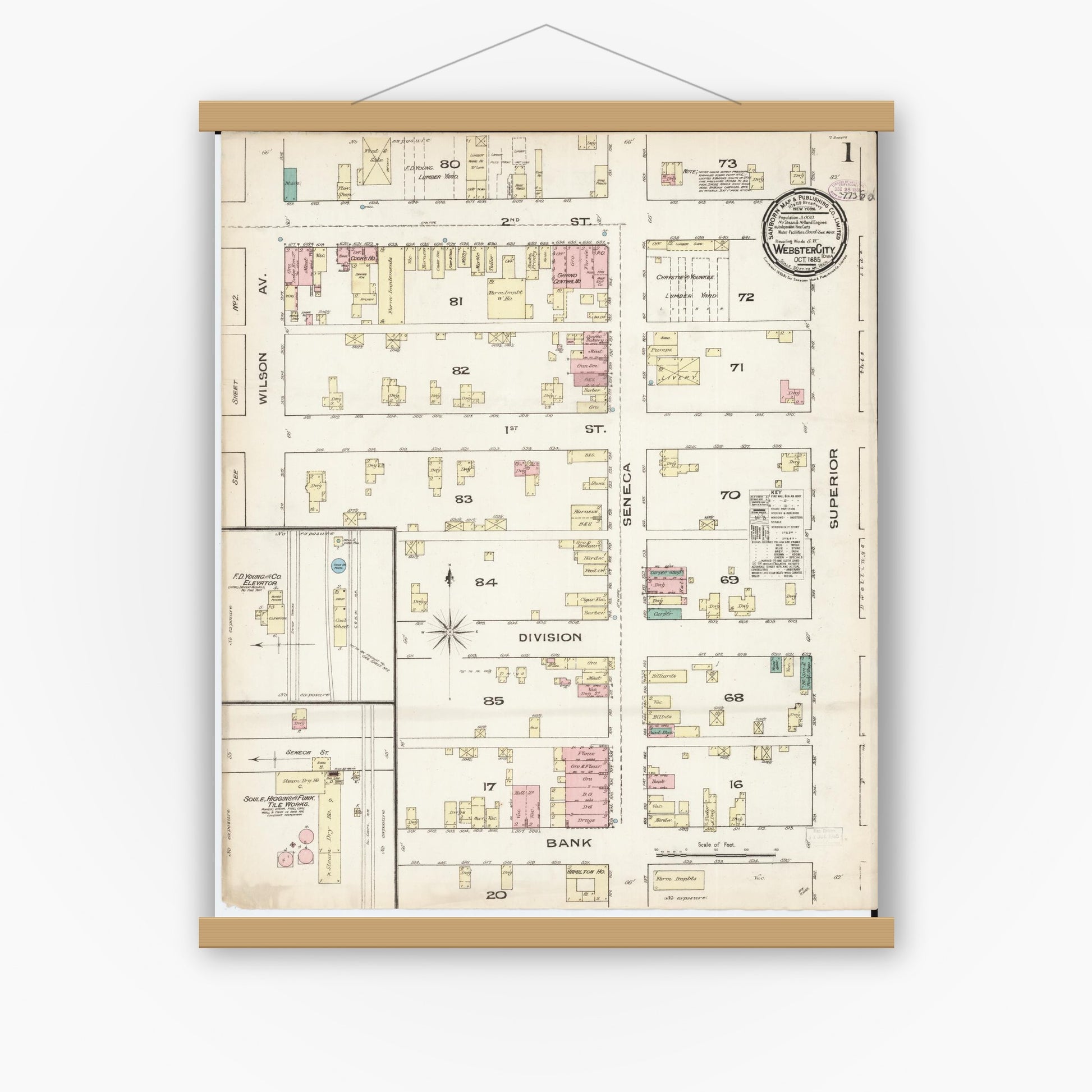 Old map wall art mockup — magnetic wood frame on white wall — Sanborn Fire Insurance Map from Webster City, Hamilton County, Iowa (1885), Sheet #0001