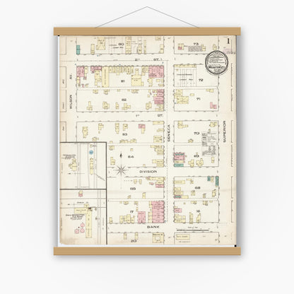 Old map wall art mockup — magnetic wood frame on white wall — Sanborn Fire Insurance Map from Webster City, Hamilton County, Iowa (1885), Sheet #0001