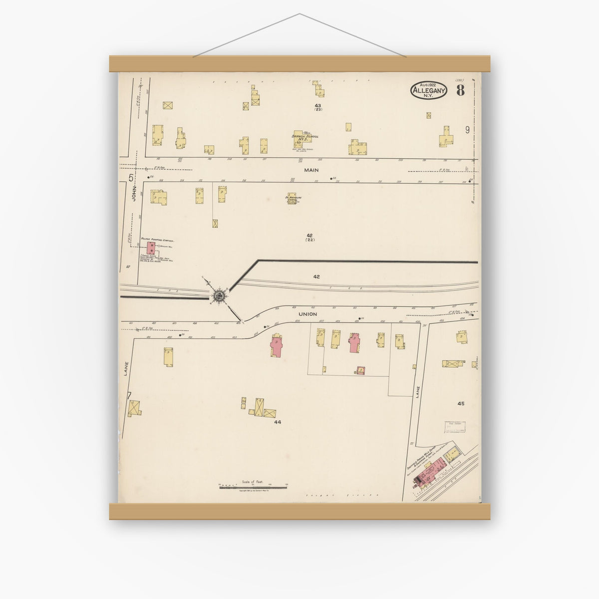 Old map wall art mockup — magnetic wood frame on white wall — Sanborn Fire Insurance Map from Allegany, Cattaraugus County, New York (1922), Sheet #0008