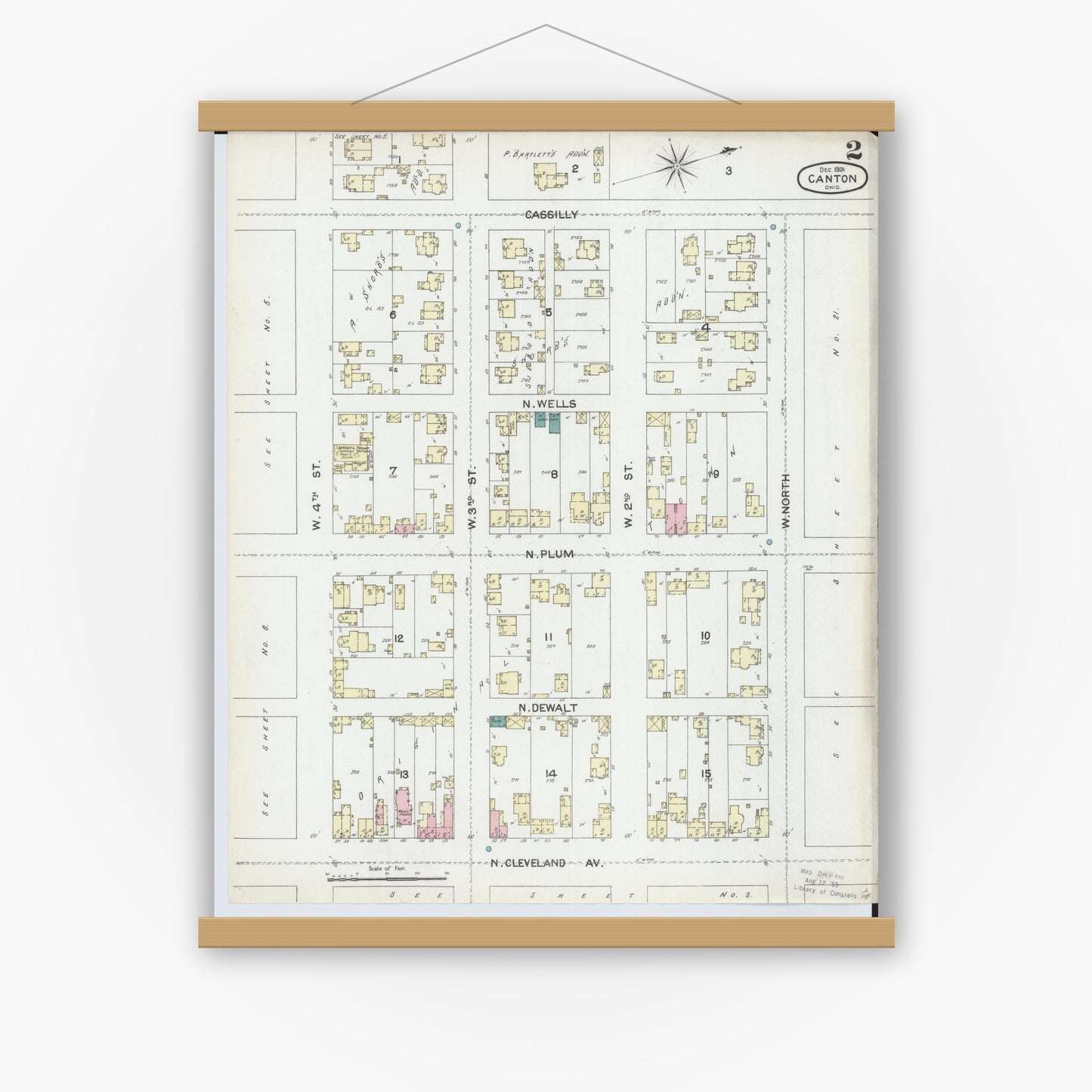 Old map wall art mockup — magnetic wood frame on white wall — Sanborn Fire Insurance Map from Canton, Stark County, Ohio (1891), Sheet #0002