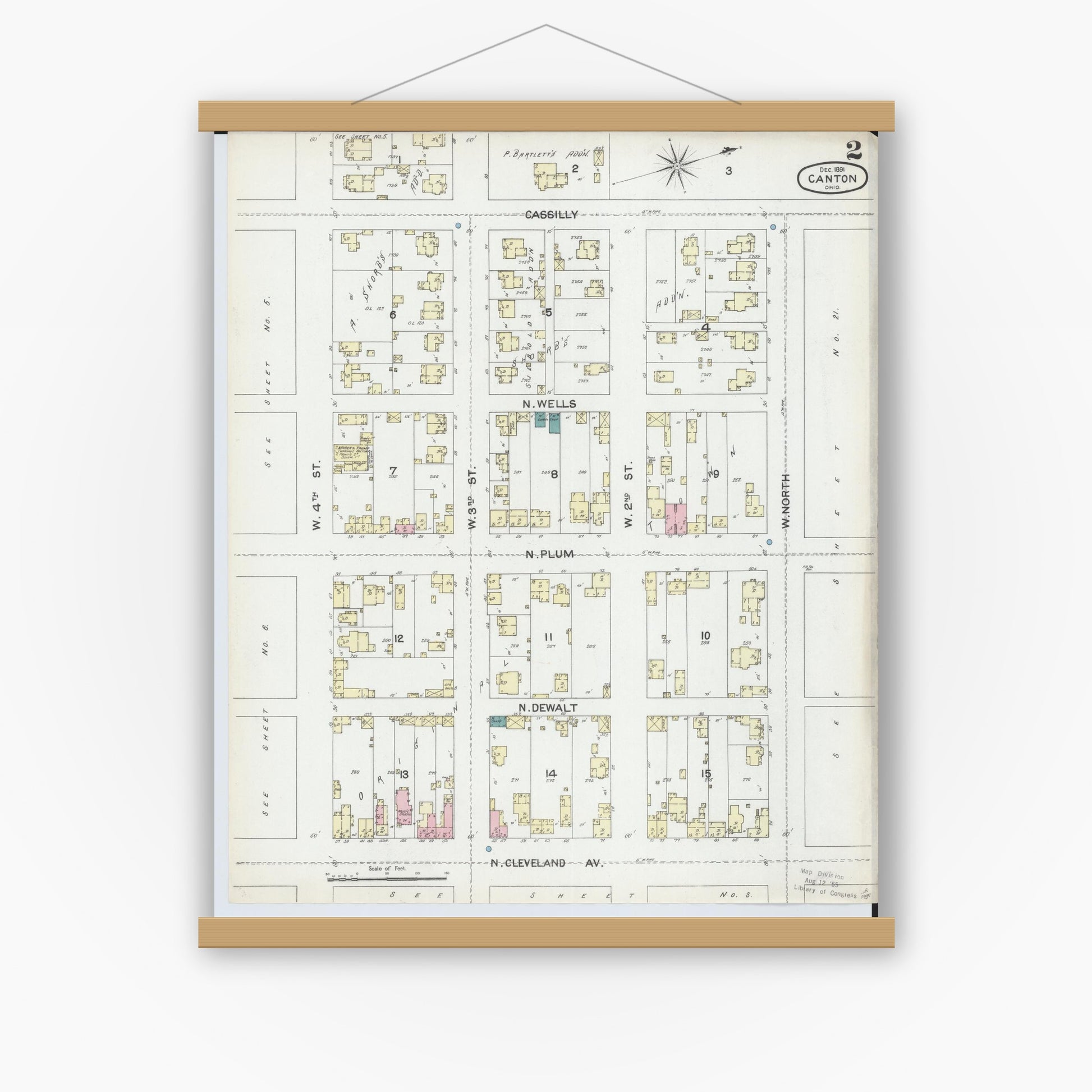 Old map wall art mockup — magnetic wood frame on white wall — Sanborn Fire Insurance Map from Canton, Stark County, Ohio (1891), Sheet #0002