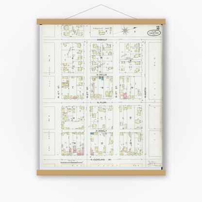 Old map wall art mockup — magnetic wood frame on white wall — Sanborn Fire Insurance Map from Canton, Stark County, Ohio (1891), Sheet #0002