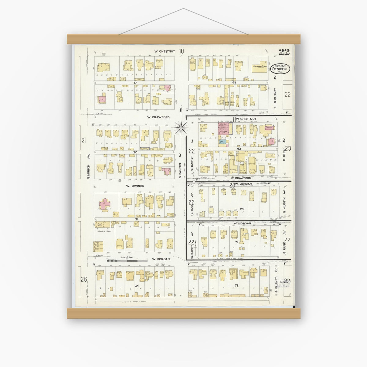 Old map wall art mockup — magnetic wood frame on white wall — Sanborn Fire Insurance Map from Denison, Grayson County, Texas (1908), Sheet #0022