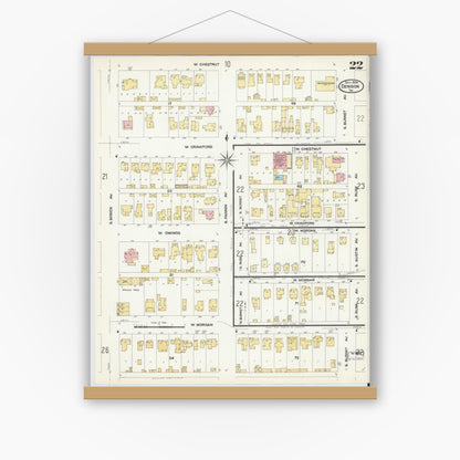 Old map wall art mockup — magnetic wood frame on white wall — Sanborn Fire Insurance Map from Denison, Grayson County, Texas (1908), Sheet #0022