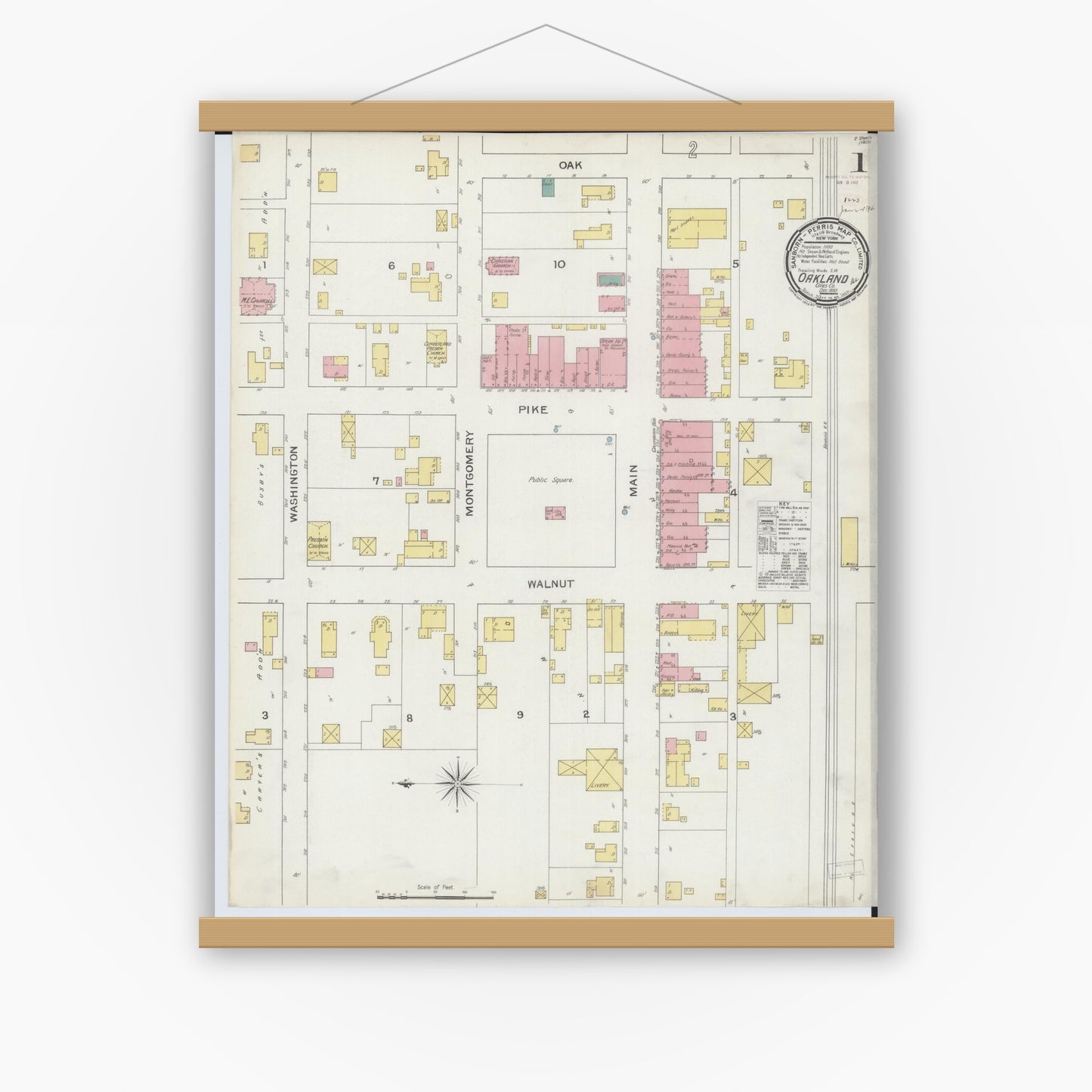 Old map wall art mockup — magnetic wood frame on white wall — Sanborn Fire Insurance Map from Oakland, Coles County, Illinois (1893) - Complete Map Set