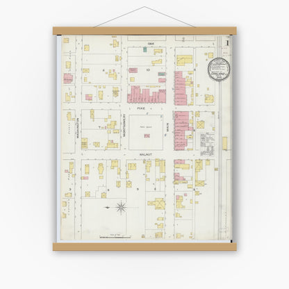 Old map wall art mockup — magnetic wood frame on white wall — Sanborn Fire Insurance Map from Oakland, Coles County, Illinois (1893) - Complete Map Set