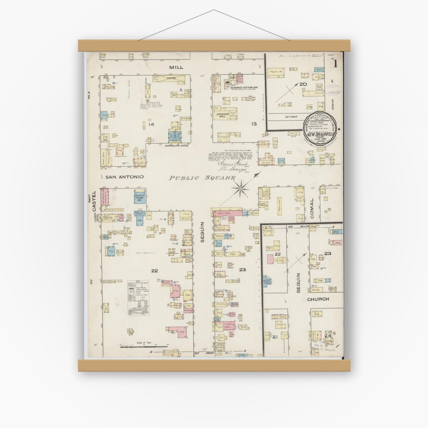 Old map wall art mockup — magnetic wood frame on white wall — Sanborn Fire Insurance Map from New Braunfels, Comal County, Texas (1885), Sheet #0001