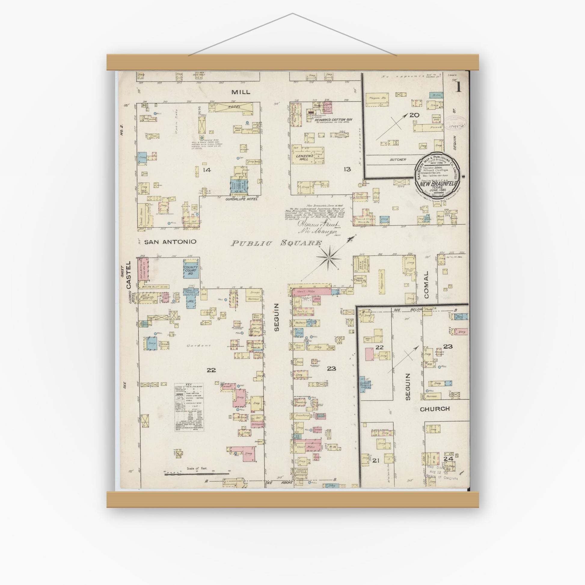 Old map wall art mockup — magnetic wood frame on white wall — Sanborn Fire Insurance Map from New Braunfels, Comal County, Texas (1885), Sheet #0001