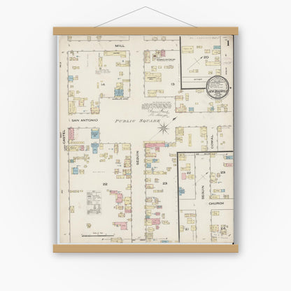 Old map wall art mockup — magnetic wood frame on white wall — Sanborn Fire Insurance Map from New Braunfels, Comal County, Texas (1885), Sheet #0001