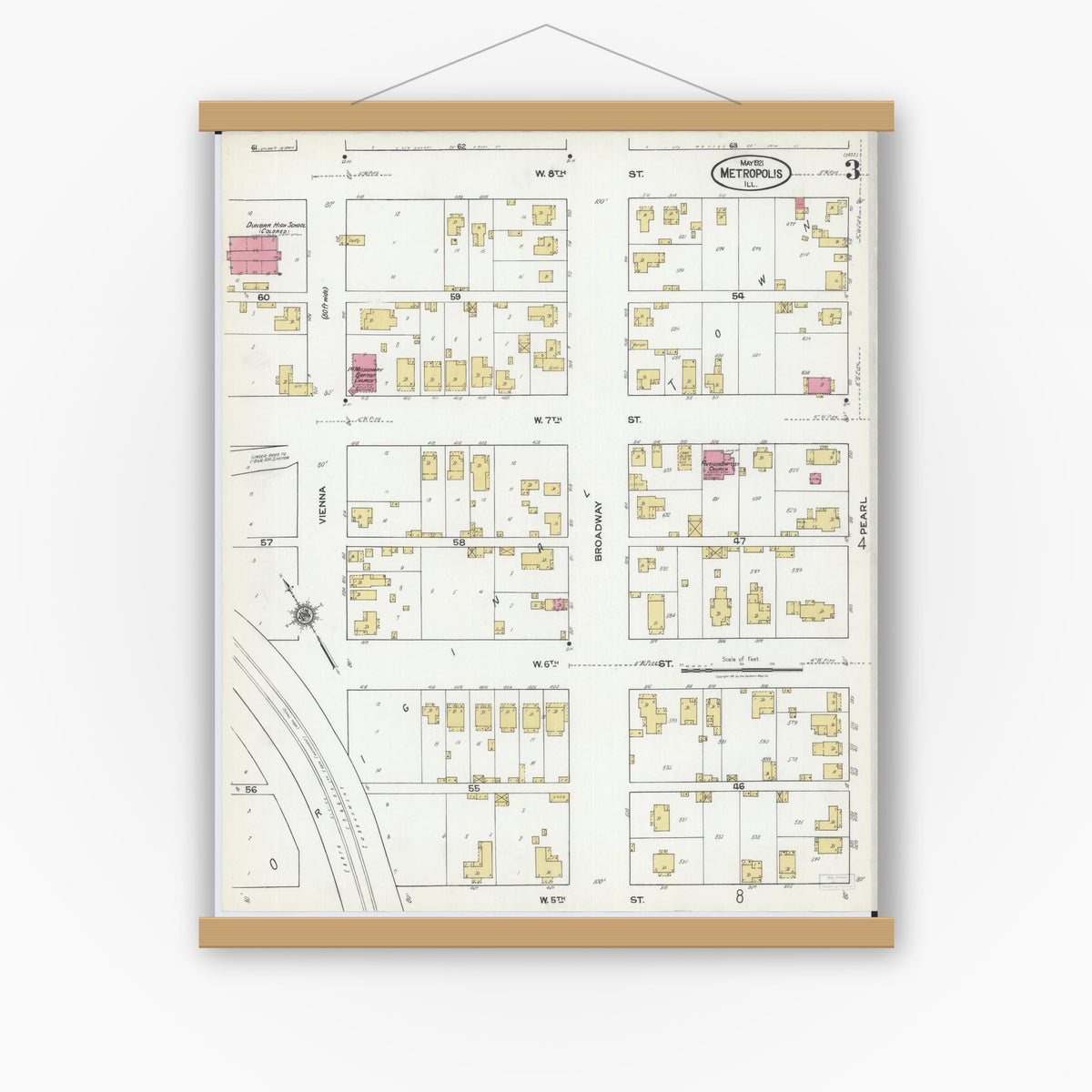 Old map wall art mockup — magnetic wood frame on white wall — Sanborn Fire Insurance Map from Metropolis, Massac County, Illinois (1921), Sheet #0003