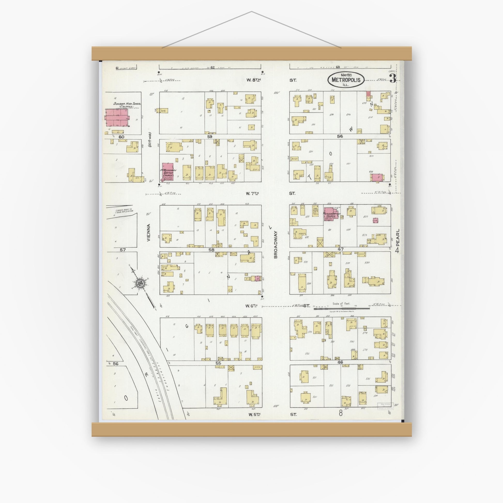 Old map wall art mockup — magnetic wood frame on white wall — Sanborn Fire Insurance Map from Metropolis, Massac County, Illinois (1921), Sheet #0003