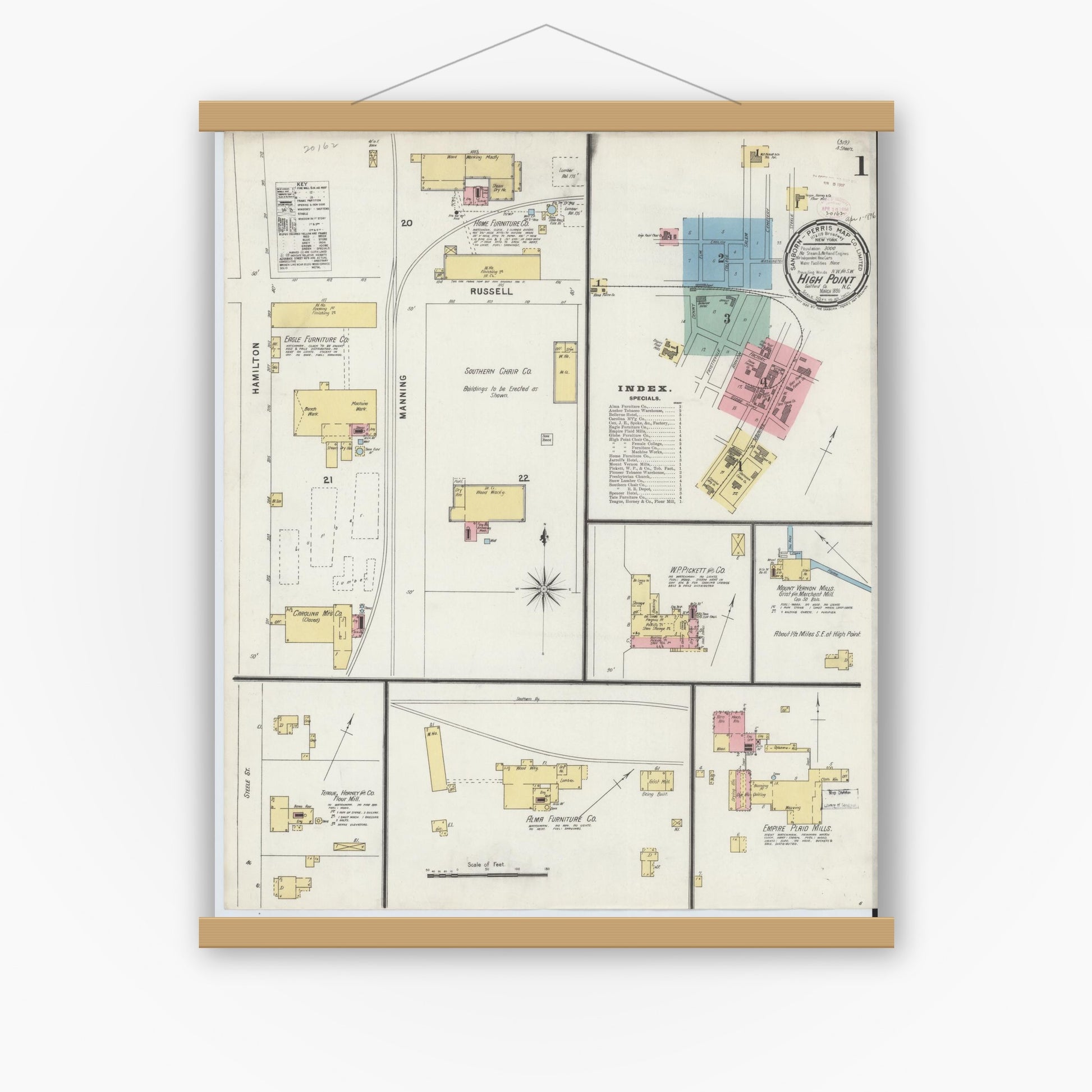 Old map wall art mockup — magnetic wood frame on white wall — Sanborn Fire Insurance Map from High Point, Guilford County, North Carolina (1896) - Complete Map Set