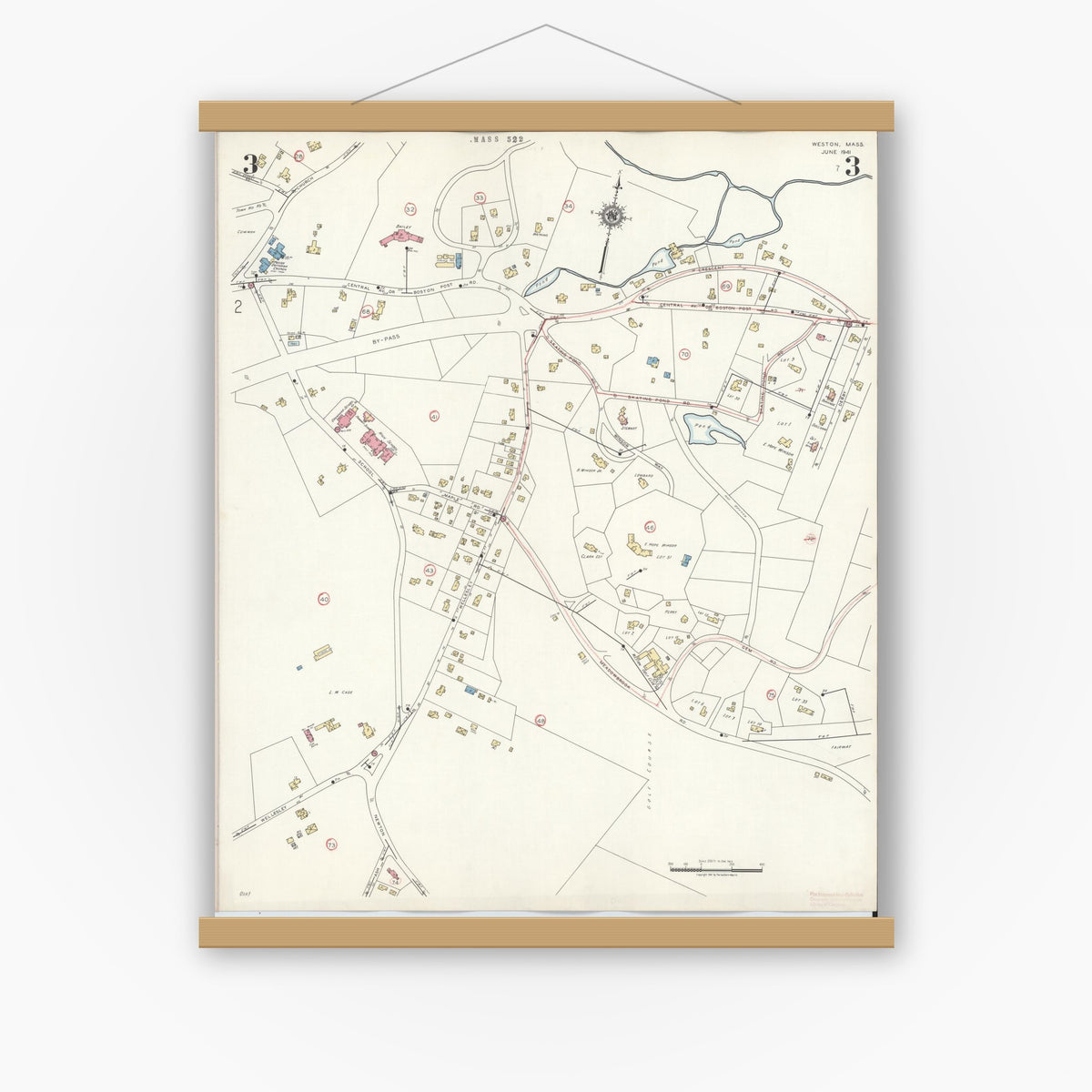 Old map wall art mockup — magnetic wood frame on white wall — Sanborn Fire Insurance Map from Weston, Middlesex County, Massachusetts (1941), Sheet #0003