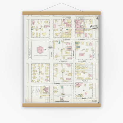 Old map wall art mockup — magnetic wood frame on white wall — Sanborn Fire Insurance Map from Muncie, Delaware County, Indiana (1887), Sheet #0004